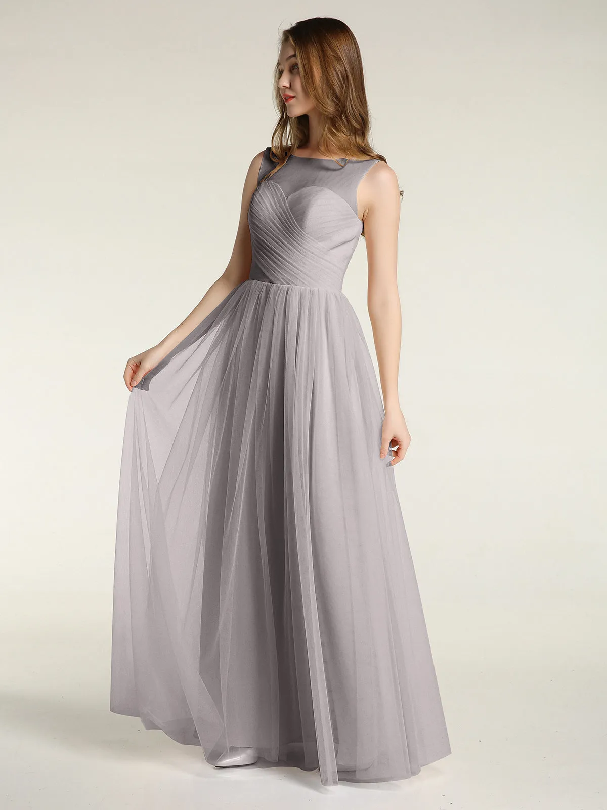 Illusion Neck Cross Tulle Bridesmaid Dresses-Silver