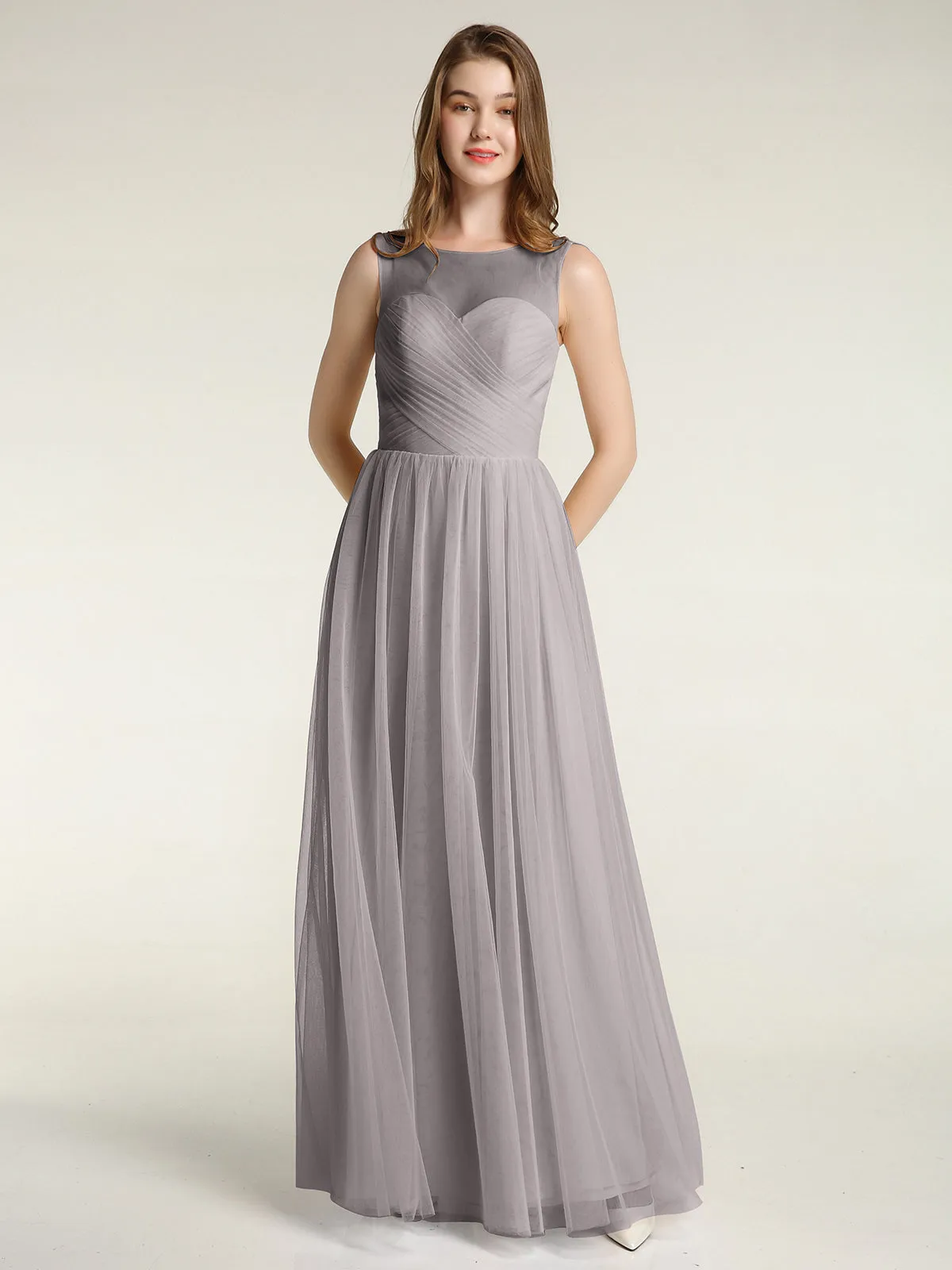 Illusion Neck Cross Tulle Bridesmaid Dresses-Silver