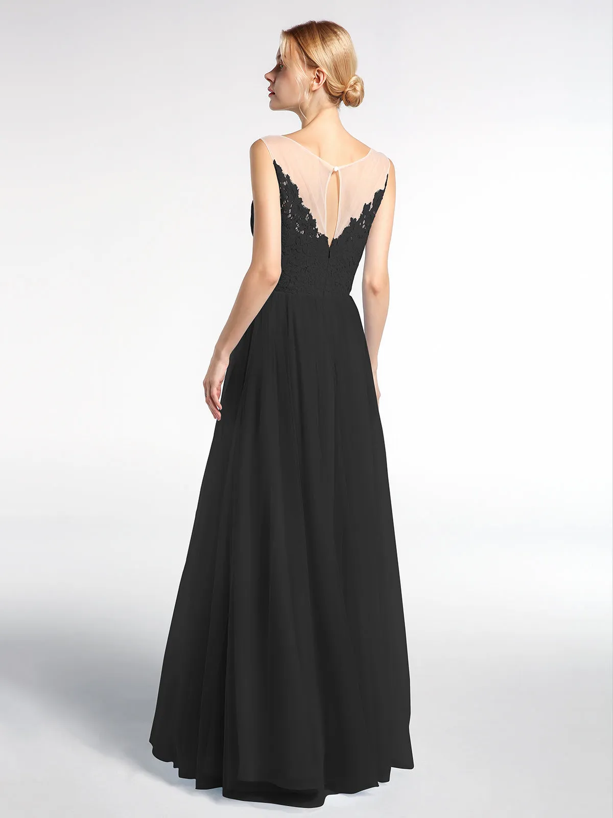 Illusion Neckline Lace and Tulle Maxi Dress-Black