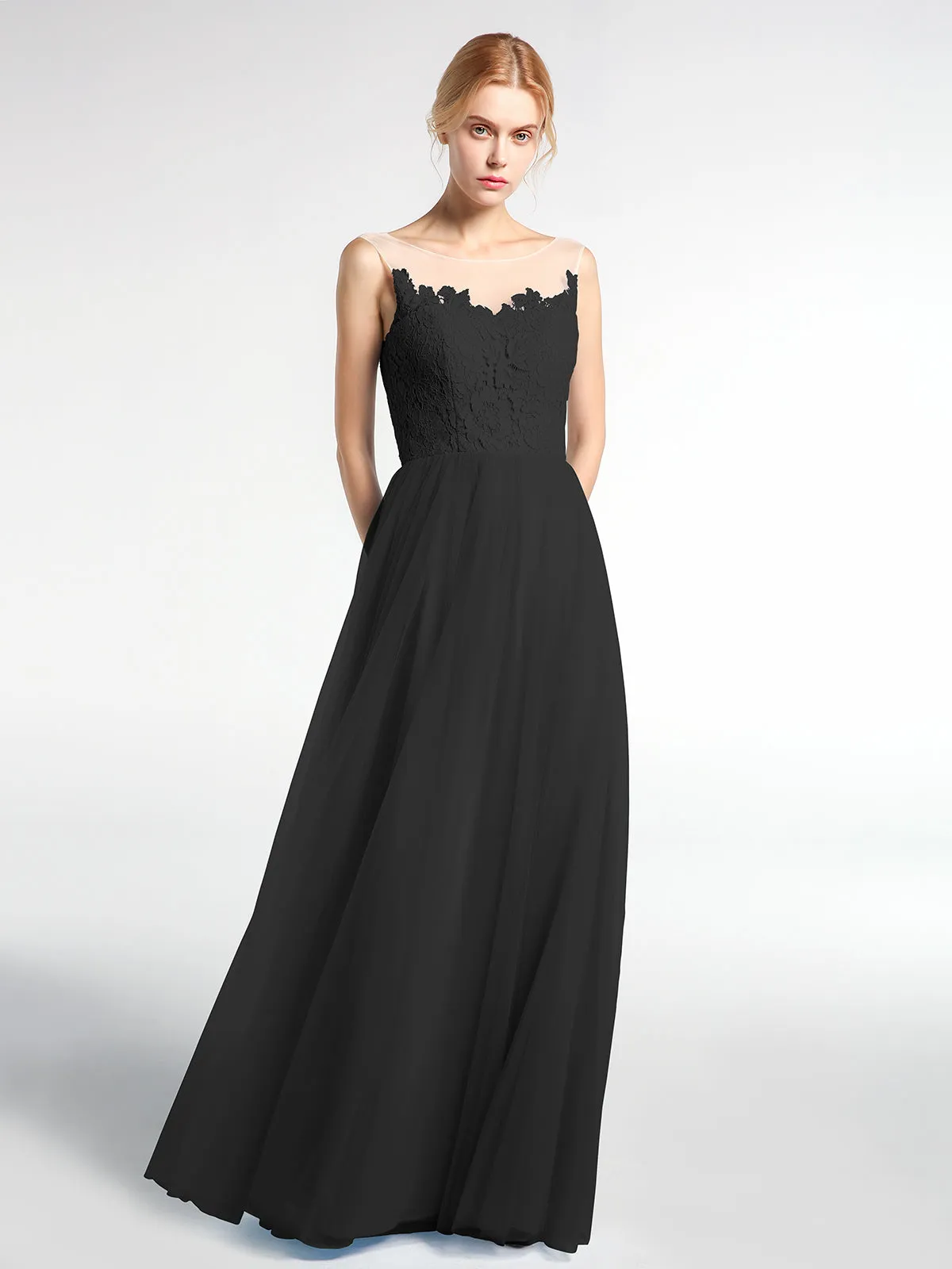 Illusion Neckline Lace and Tulle Maxi Dress-Black