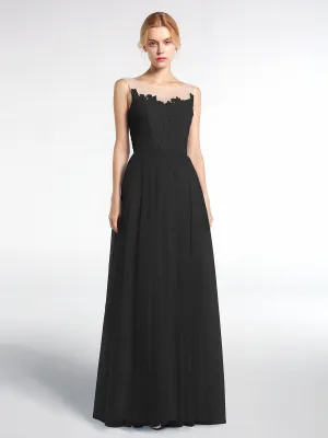 Illusion Neckline Lace and Tulle Maxi Dress-Black