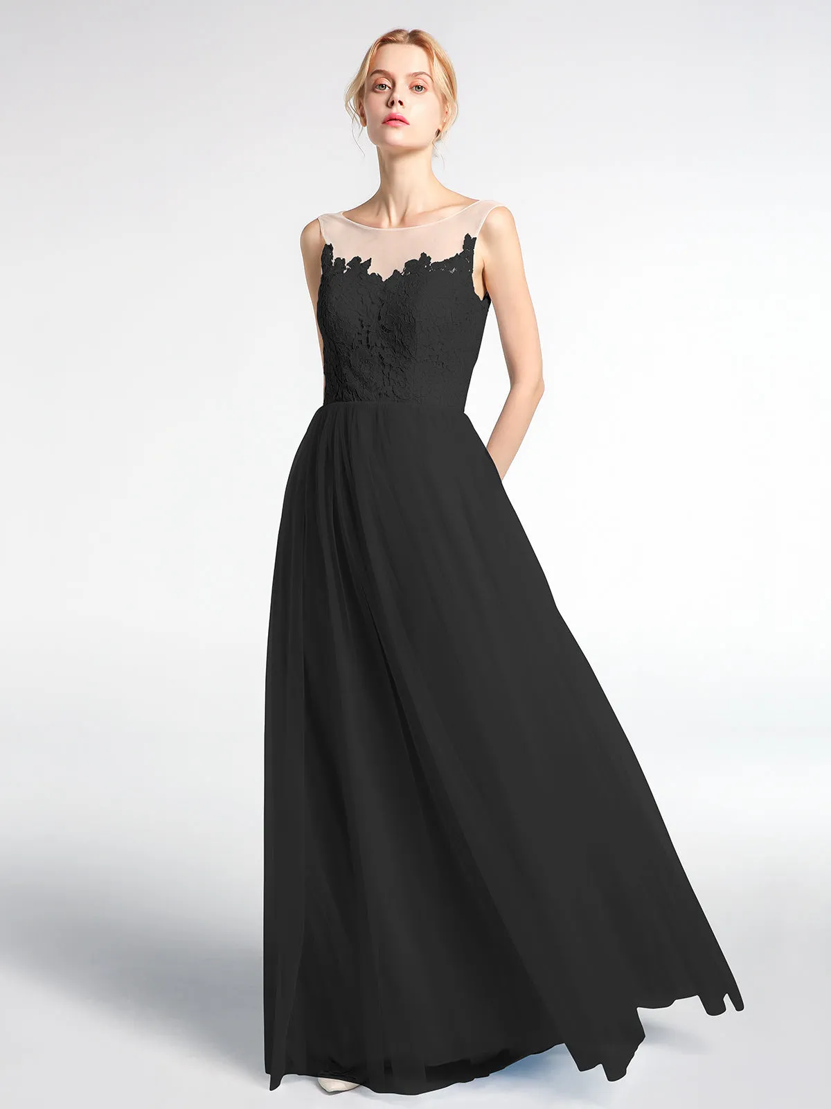 Illusion Neckline Lace and Tulle Maxi Dress-Black