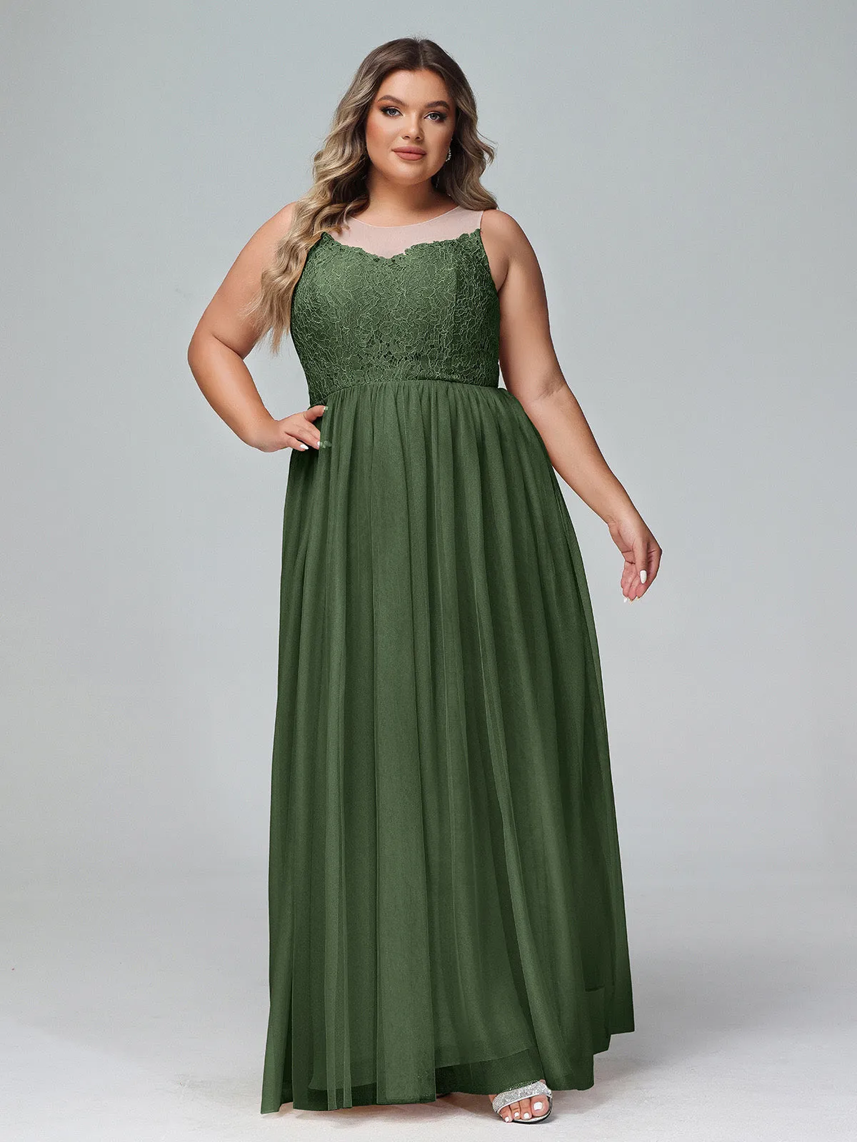 Illusion Neckline Lace and Tulle Maxi Dress-Olive Green Plus Size
