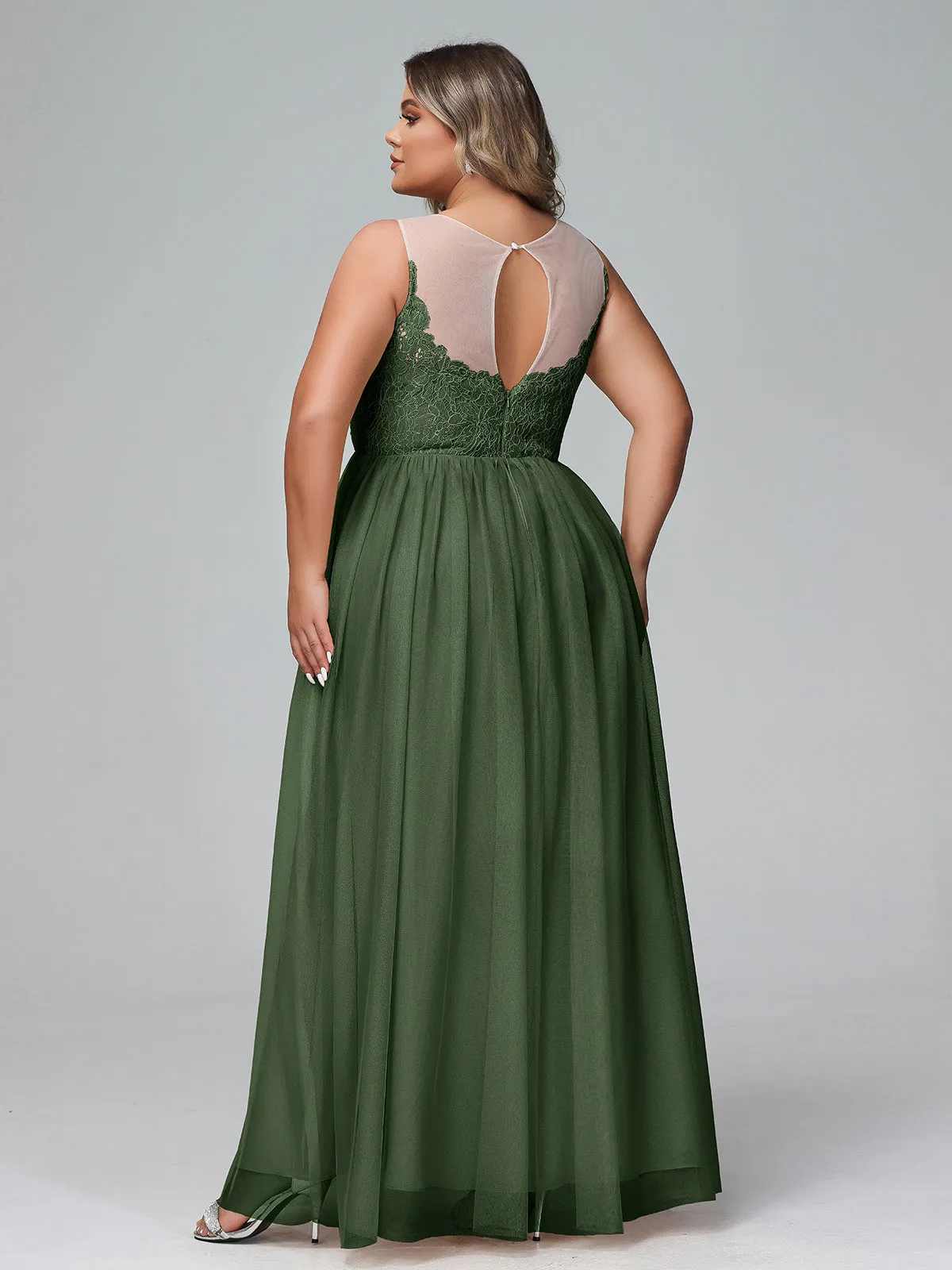 Illusion Neckline Lace and Tulle Maxi Dress-Olive Green Plus Size
