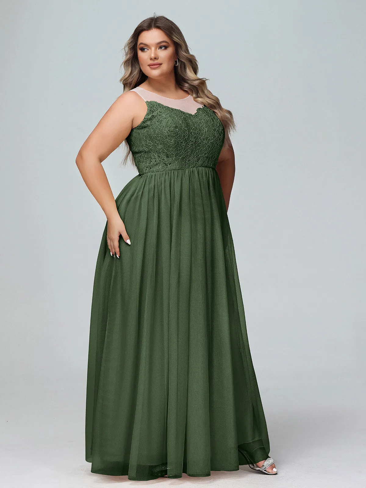 Illusion Neckline Lace and Tulle Maxi Dress-Olive Green Plus Size