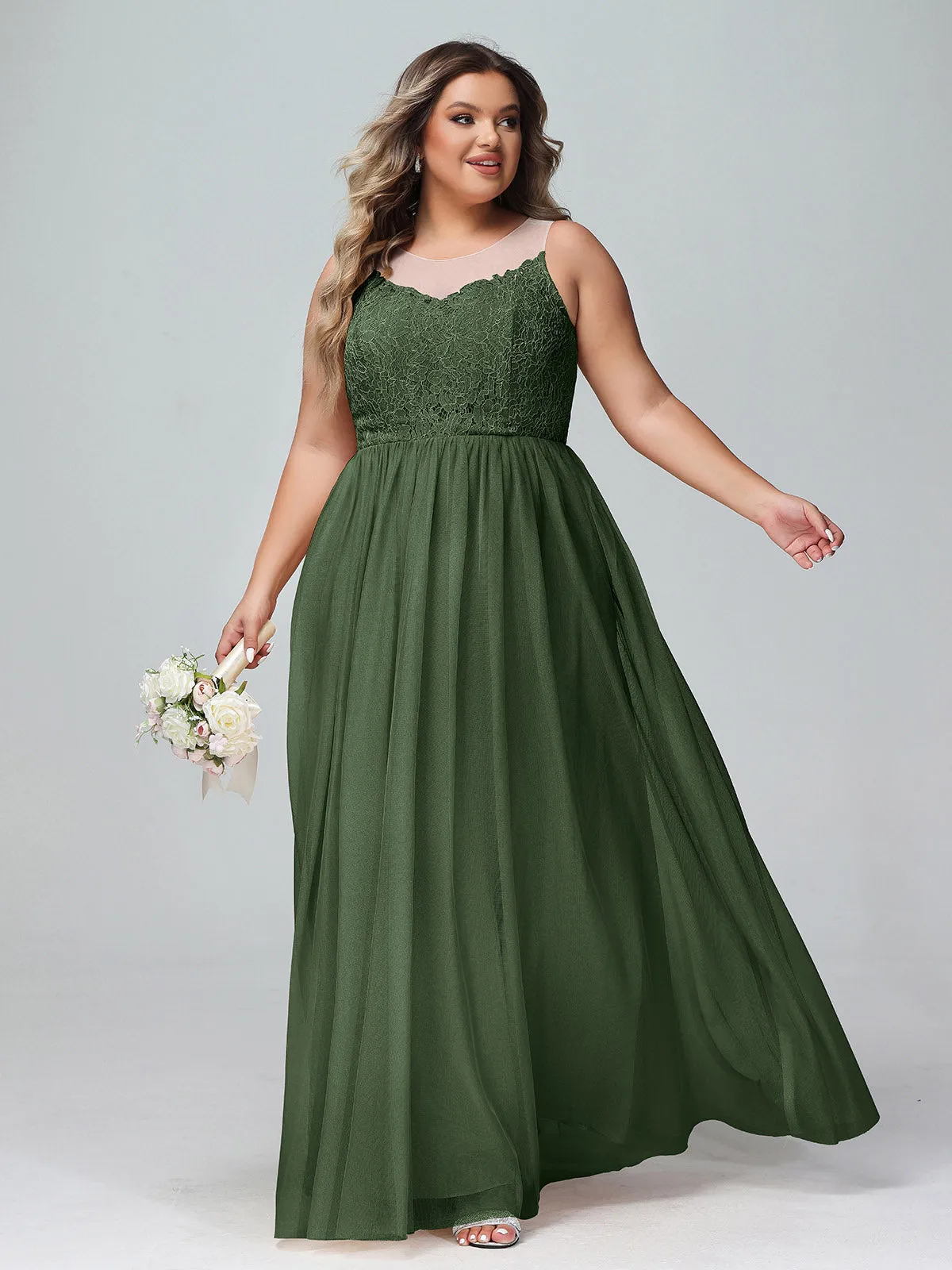 Illusion Neckline Lace and Tulle Maxi Dress-Olive Green Plus Size