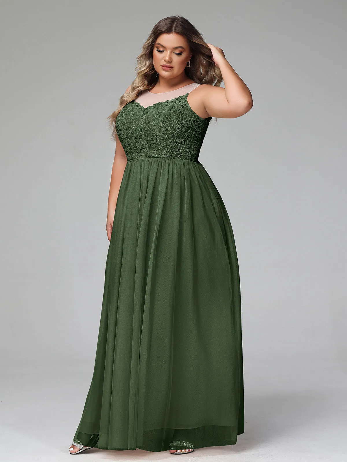 Illusion Neckline Lace and Tulle Maxi Dress-Olive Green Plus Size