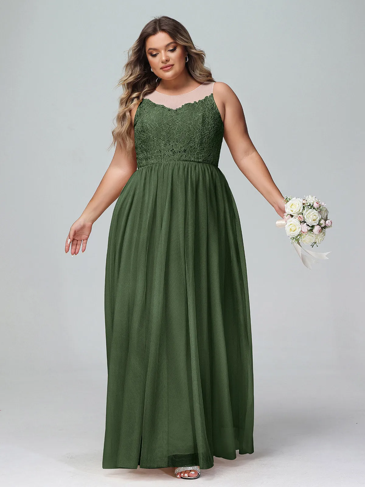Illusion Neckline Lace and Tulle Maxi Dress-Olive Green Plus Size