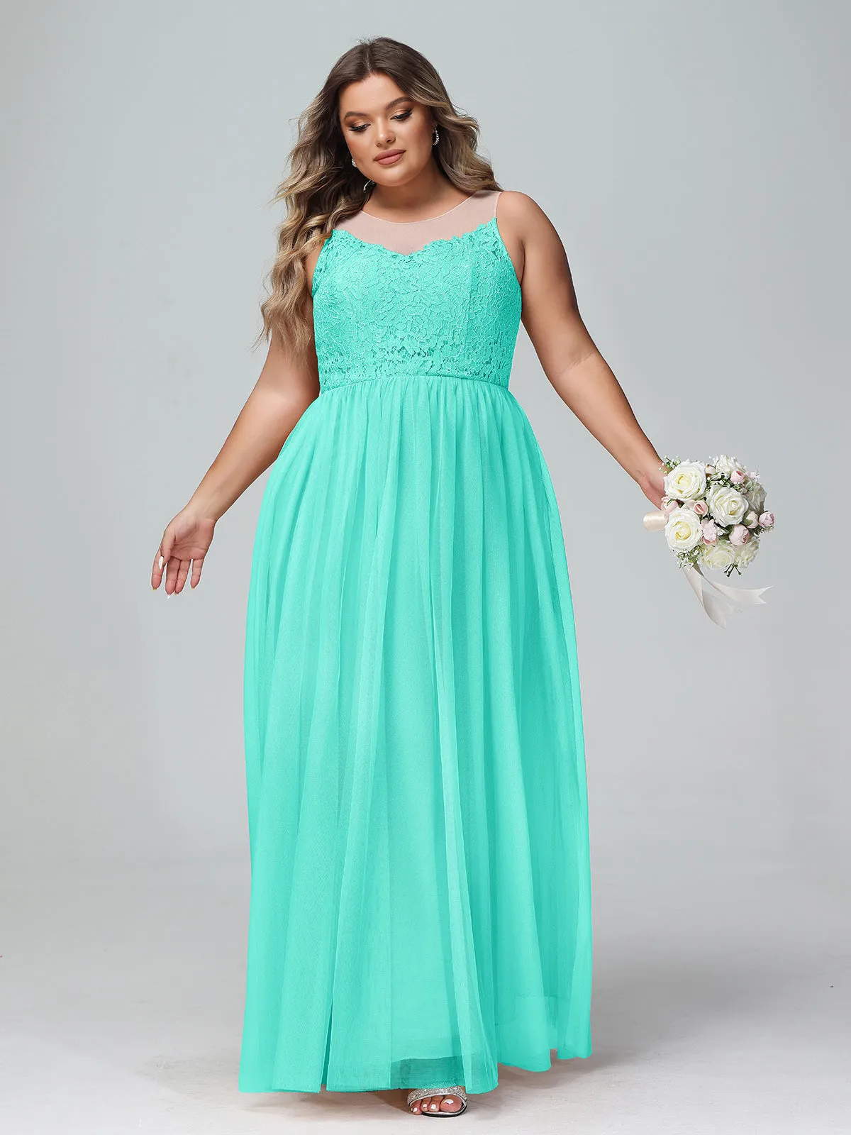 Illusion Neckline Lace and Tulle Maxi Dress-Spa Plus Size