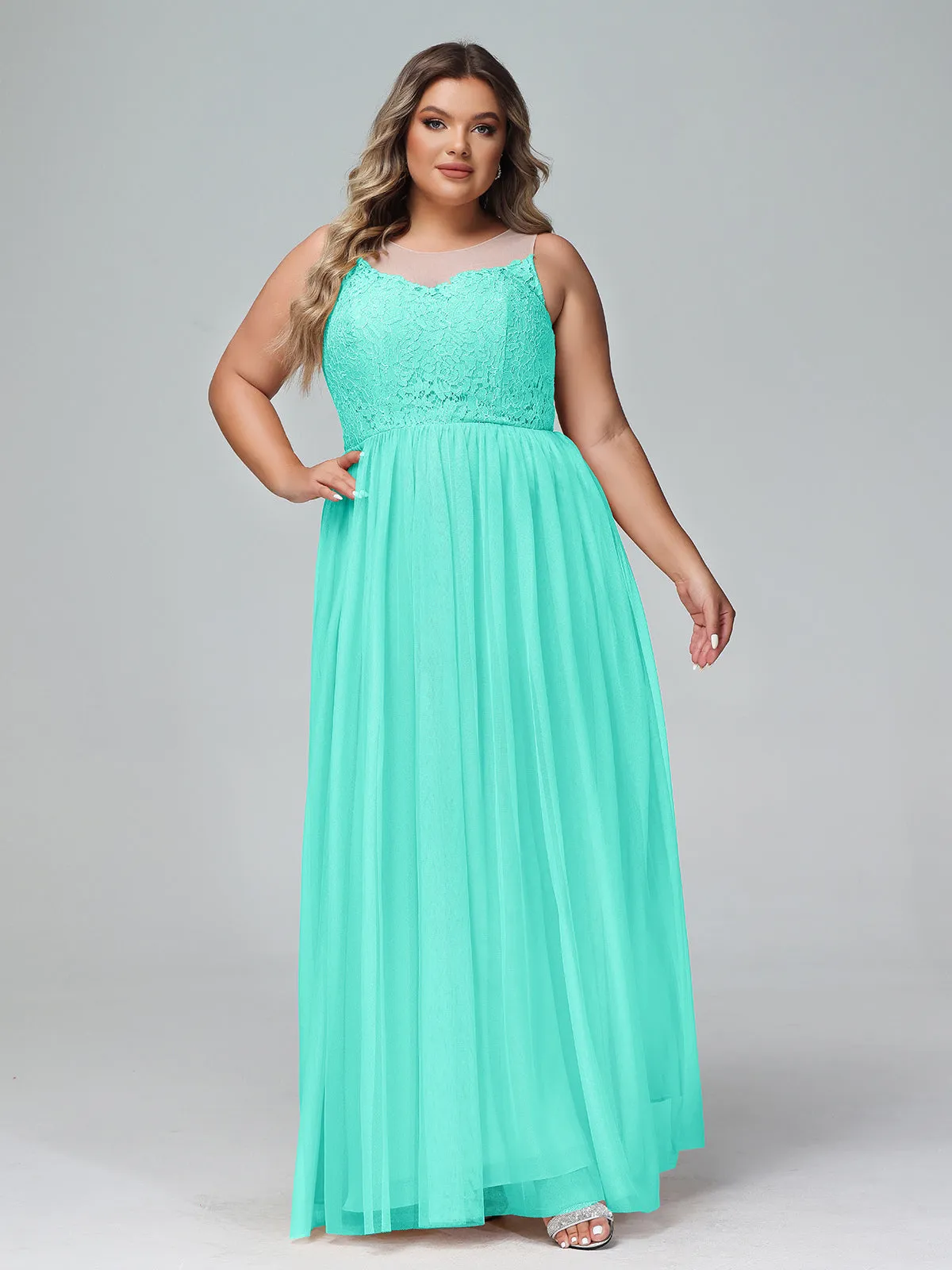 Illusion Neckline Lace and Tulle Maxi Dress-Spa Plus Size