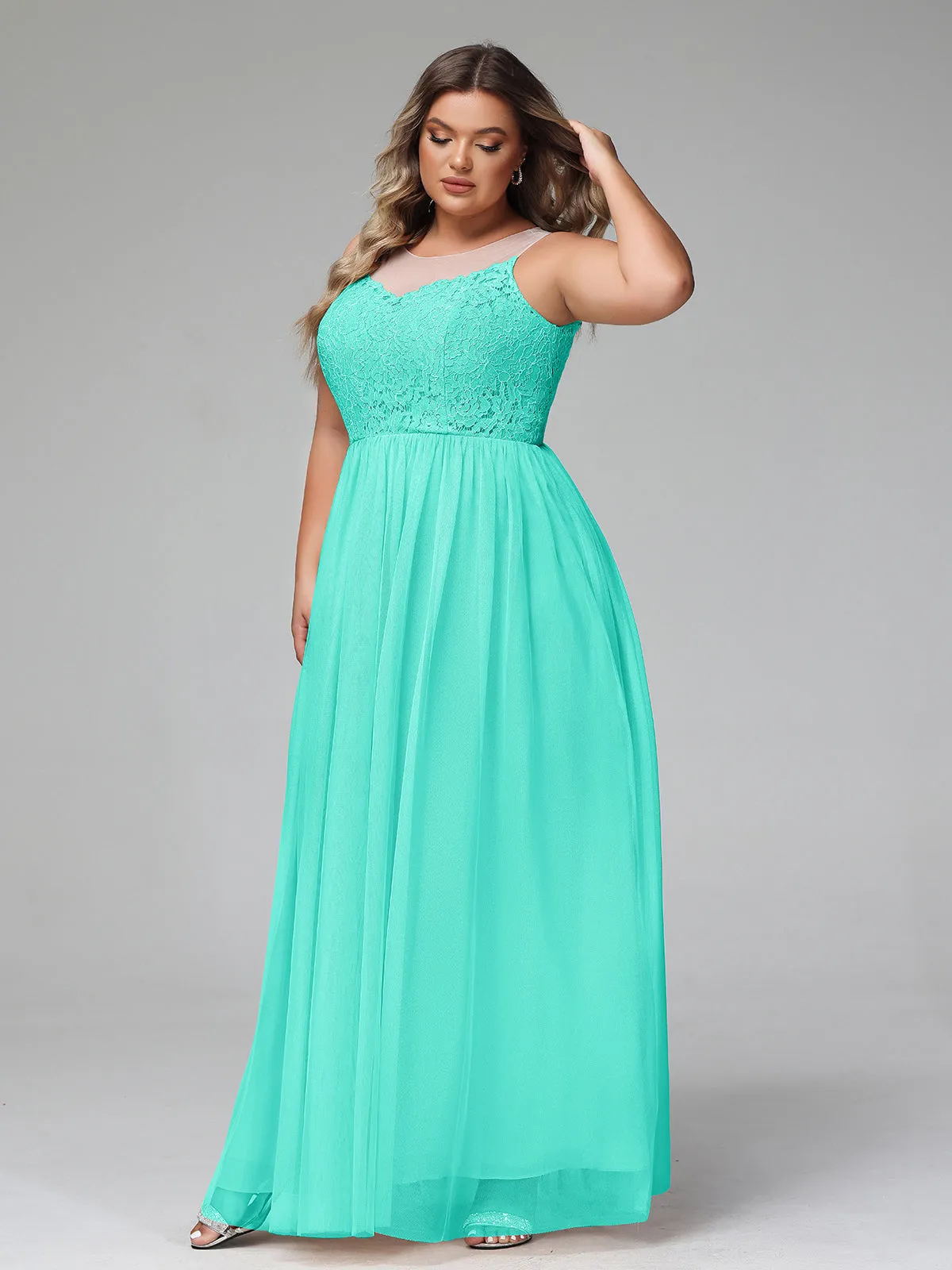 Illusion Neckline Lace and Tulle Maxi Dress-Spa Plus Size