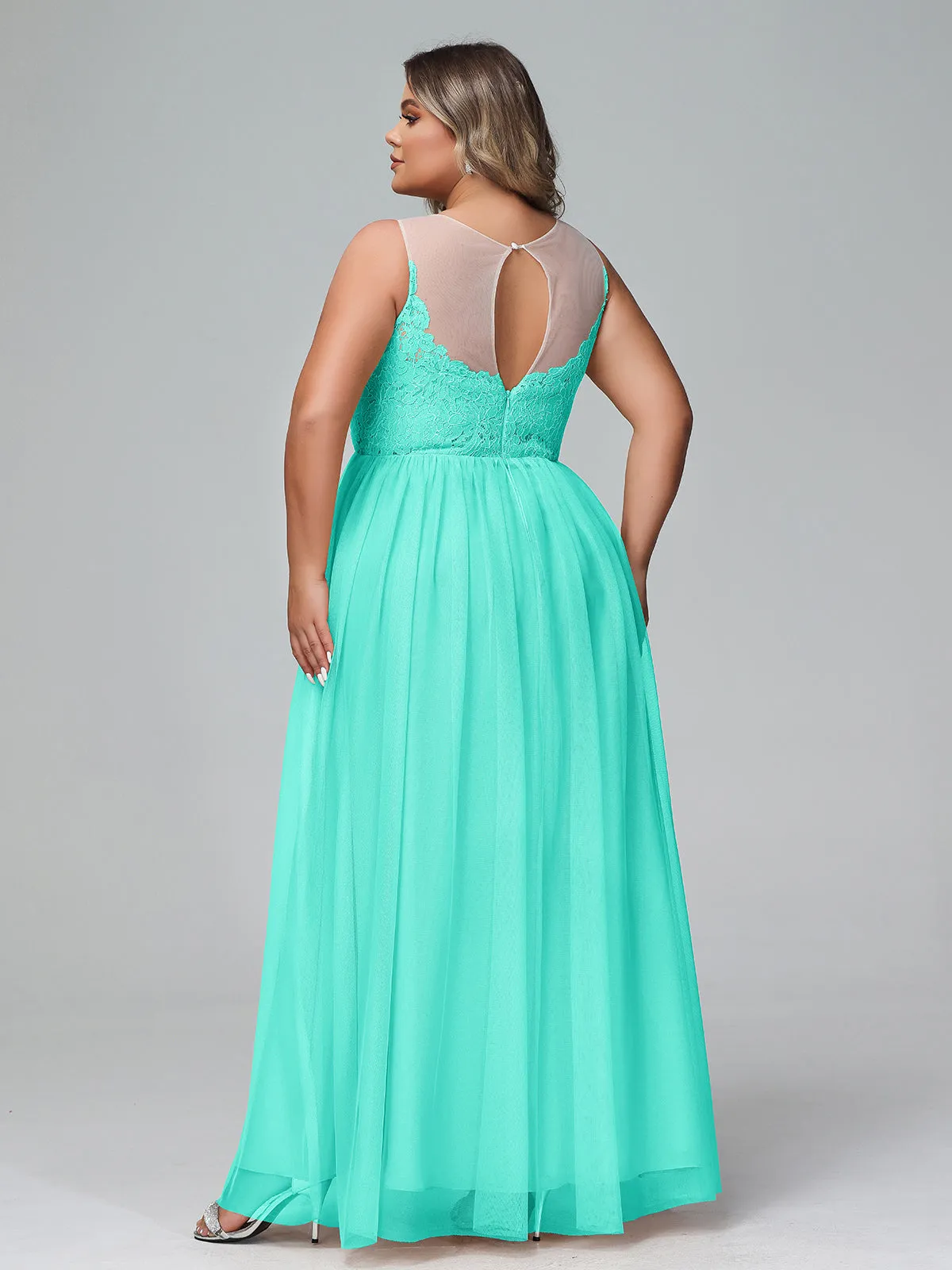 Illusion Neckline Lace and Tulle Maxi Dress-Spa Plus Size
