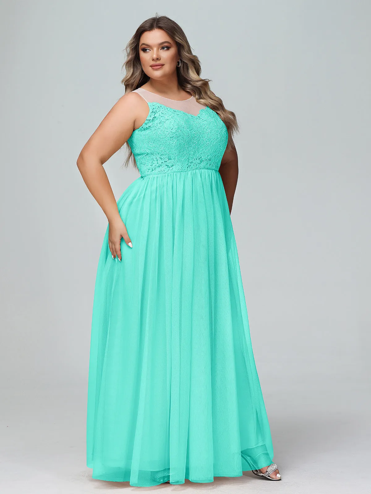 Illusion Neckline Lace and Tulle Maxi Dress-Spa Plus Size