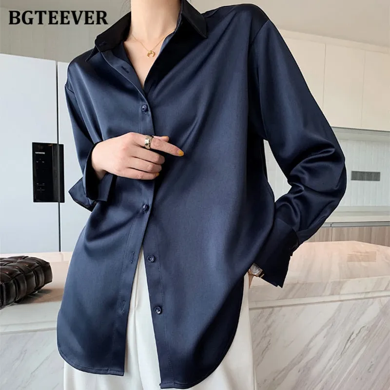 Joskaa Christmas Gift BBTEEVER New Fashion Chic Women Satin Shirts 2024 Spring Long Sleeve Solid Single-breasted Ladies Blouses Tops Workwear Blusas