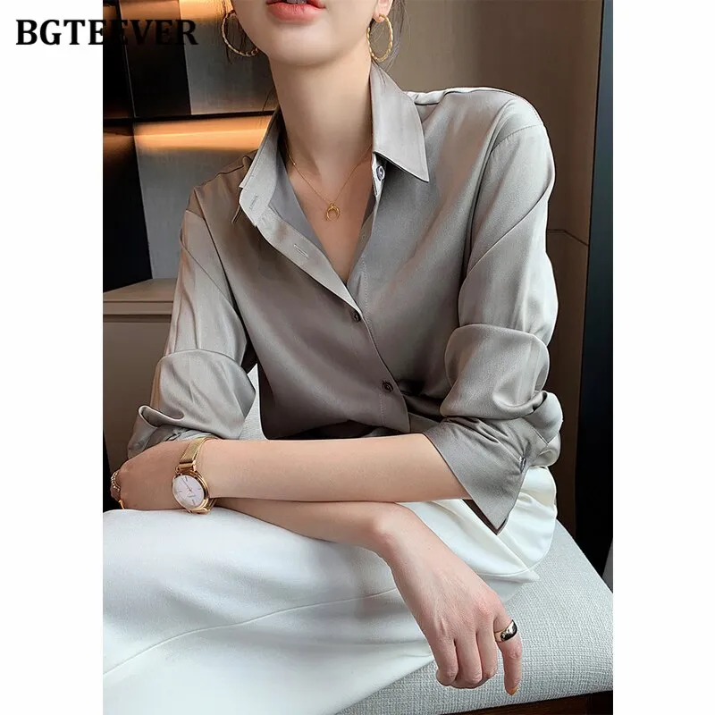 Joskaa Christmas Gift BBTEEVER New Fashion Chic Women Satin Shirts 2024 Spring Long Sleeve Solid Single-breasted Ladies Blouses Tops Workwear Blusas