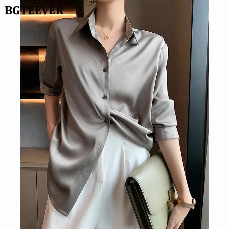 Joskaa Christmas Gift BBTEEVER New Fashion Chic Women Satin Shirts 2024 Spring Long Sleeve Solid Single-breasted Ladies Blouses Tops Workwear Blusas