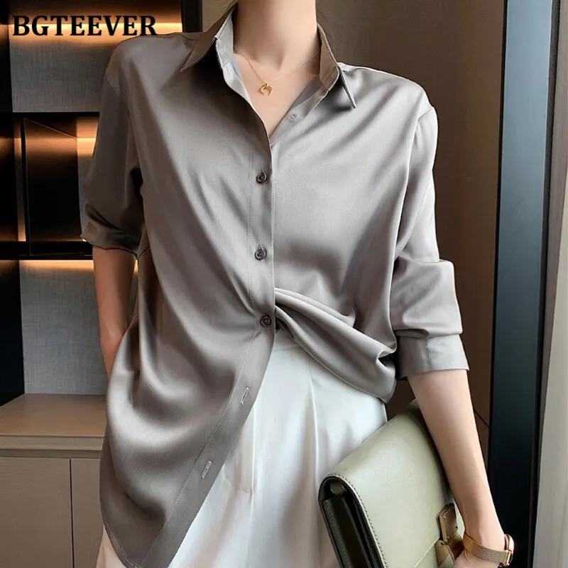 Joskaa Christmas Gift BBTEEVER New Fashion Chic Women Satin Shirts 2024 Spring Long Sleeve Solid Single-breasted Ladies Blouses Tops Workwear Blusas