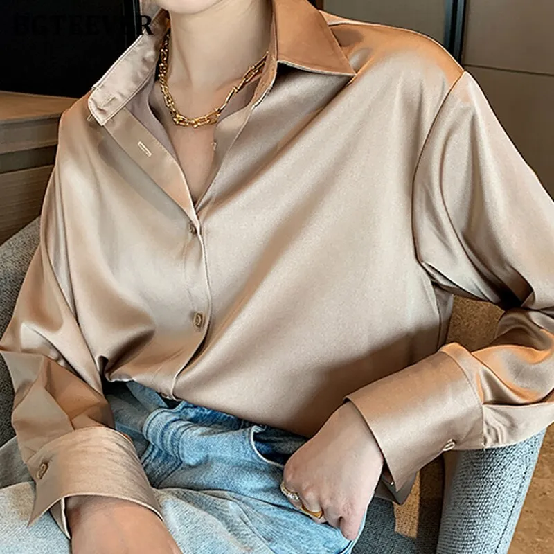Joskaa Christmas Gift BBTEEVER New Fashion Chic Women Satin Shirts 2024 Spring Long Sleeve Solid Single-breasted Ladies Blouses Tops Workwear Blusas
