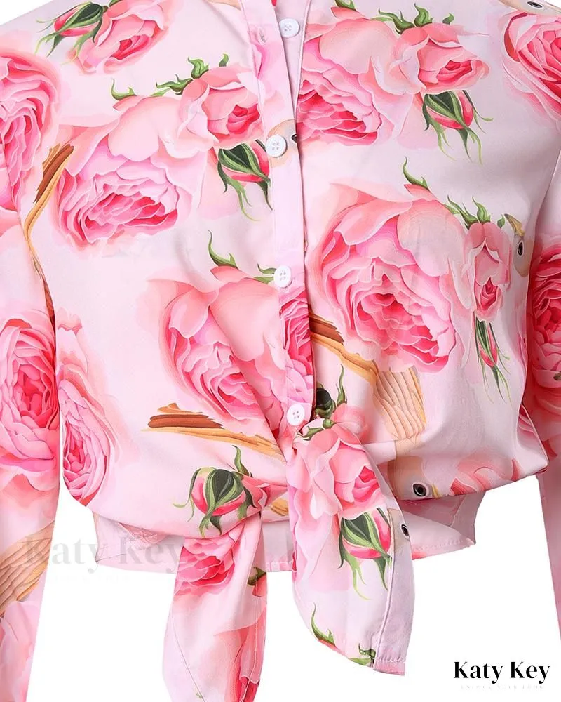KatyKey - Chic and Sophisticated Floral Print Long Sleeve Buttoned Top