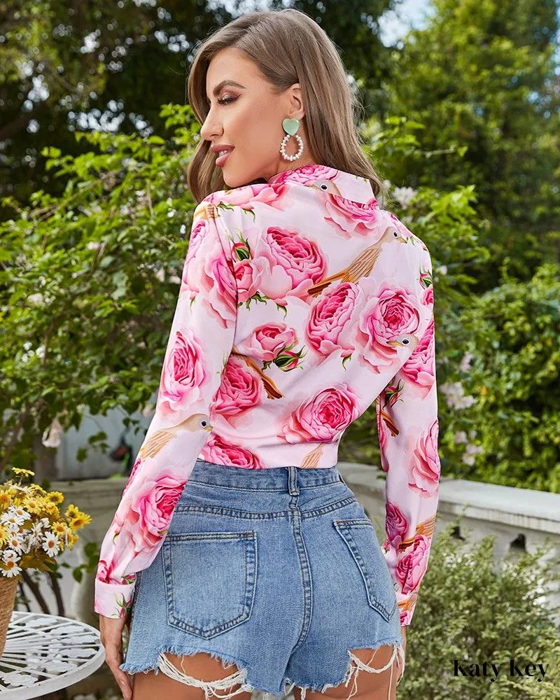 KatyKey - Chic and Sophisticated Floral Print Long Sleeve Buttoned Top