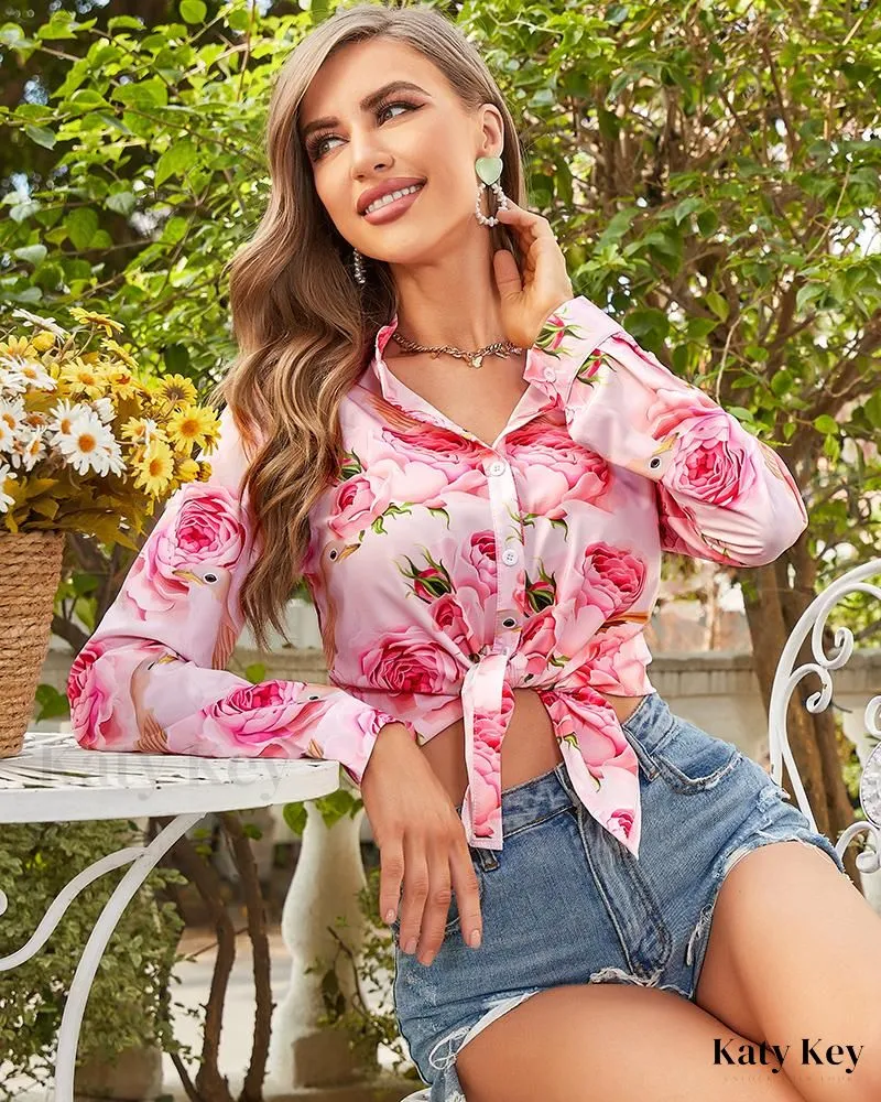 KatyKey - Chic and Sophisticated Floral Print Long Sleeve Buttoned Top
