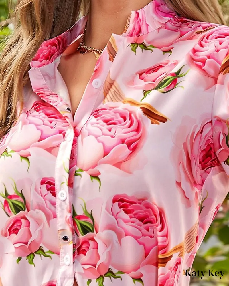 KatyKey - Chic and Sophisticated Floral Print Long Sleeve Buttoned Top