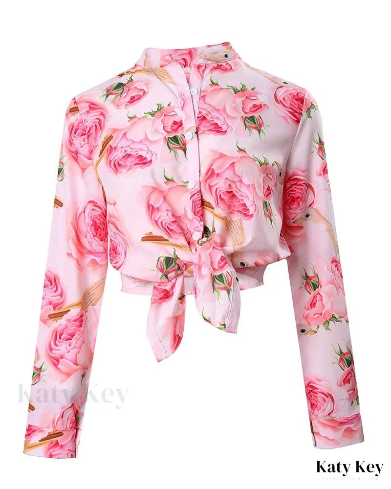 KatyKey - Chic and Sophisticated Floral Print Long Sleeve Buttoned Top