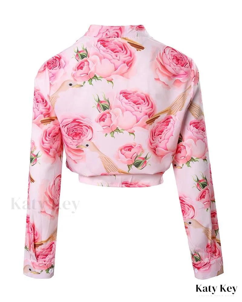 KatyKey - Chic and Sophisticated Floral Print Long Sleeve Buttoned Top