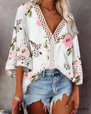 KatyKey - Chic Floral Print Top with Delicate Contrast Lace and Flattering Bell Sleeves