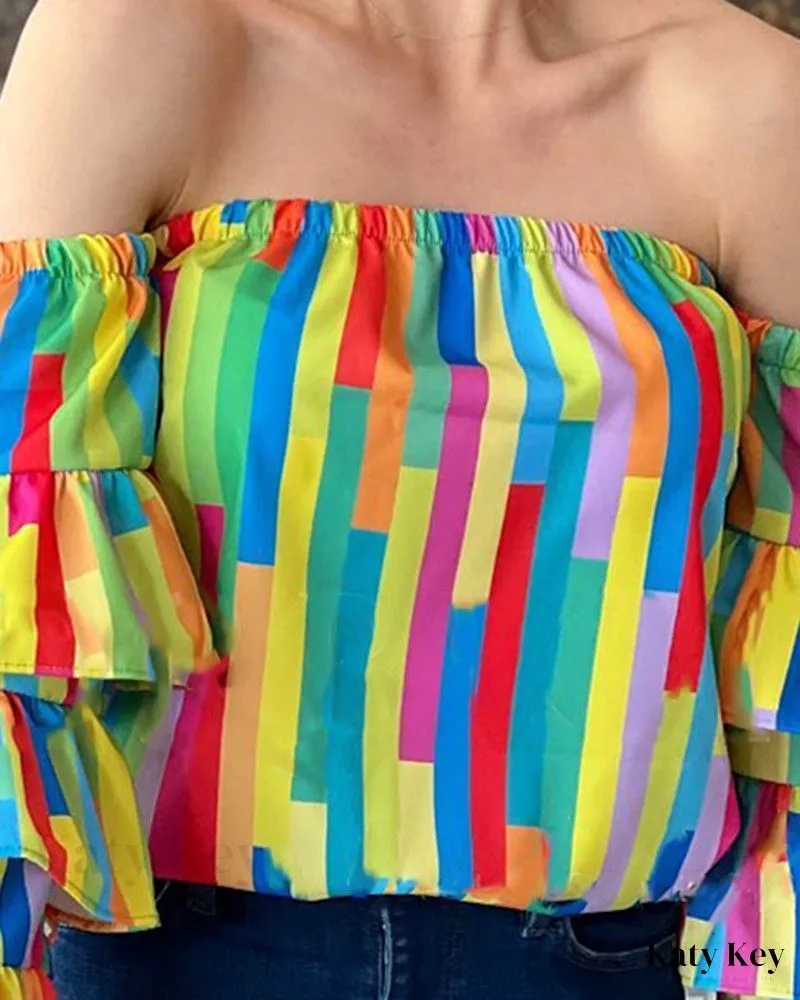 KatyKey - Chic Geometric Print Off Shoulder Blouse with Layers of Stylish Sleeves
