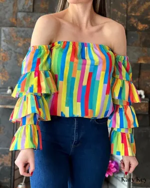KatyKey - Chic Geometric Print Off Shoulder Blouse with Layers of Stylish Sleeves