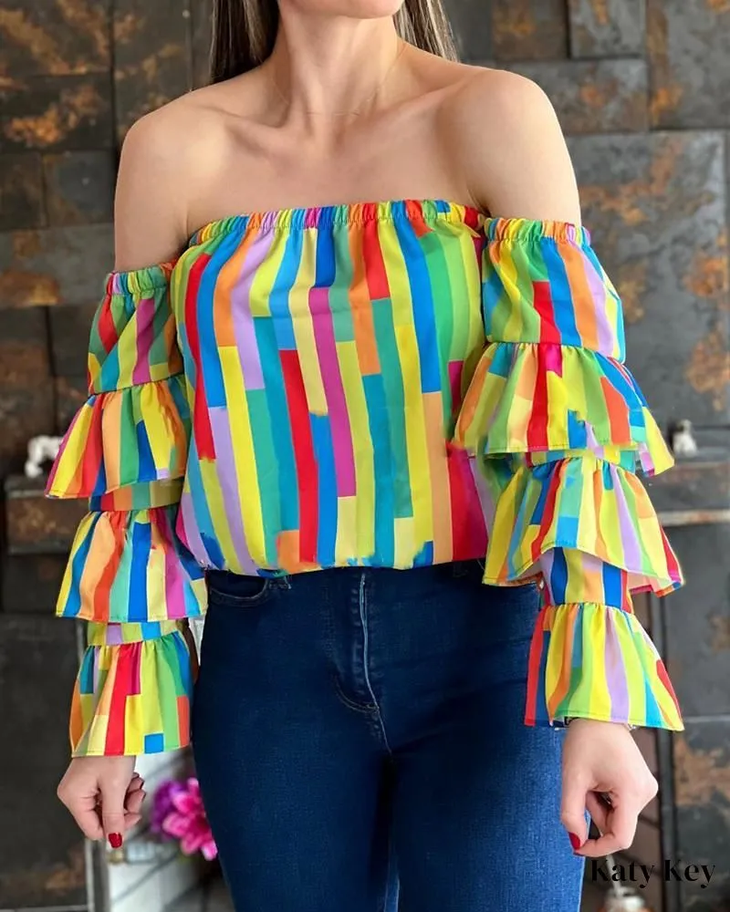 KatyKey - Chic Geometric Print Off Shoulder Blouse with Layers of Stylish Sleeves