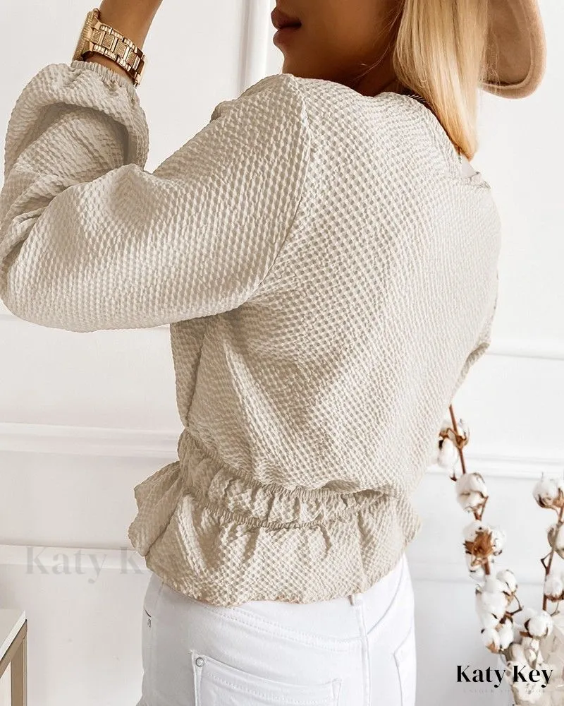 KatyKey - Chic Lantern Sleeve Top with Button Accents and Drawstring Detailing