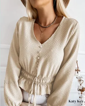 KatyKey - Chic Lantern Sleeve Top with Button Accents and Drawstring Detailing