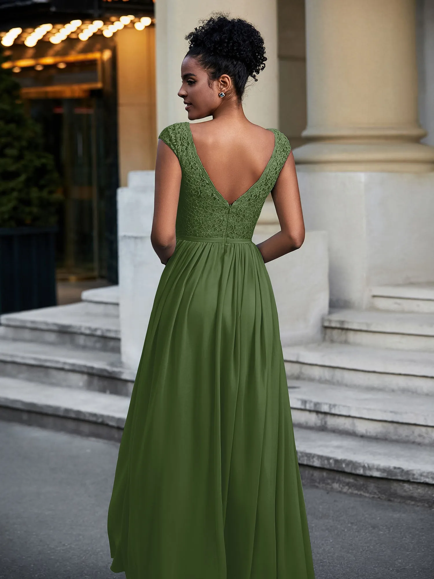 Lace and Chiffon Maxi Dress with Cap Sleeves-Moss Plus Size