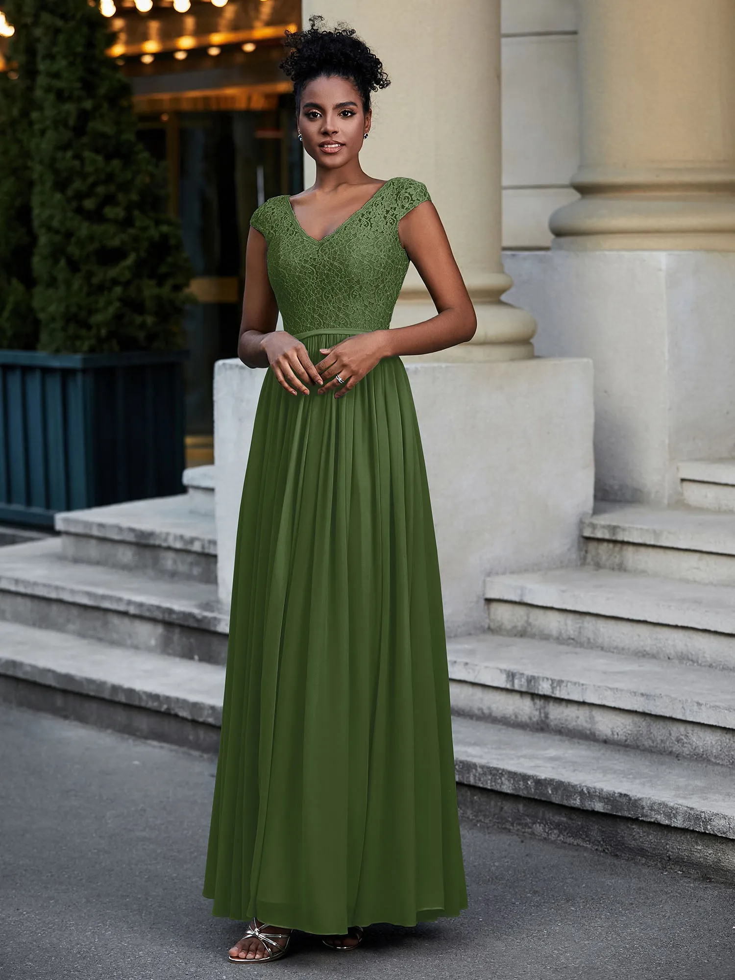Lace and Chiffon Maxi Dress with Cap Sleeves-Moss Plus Size