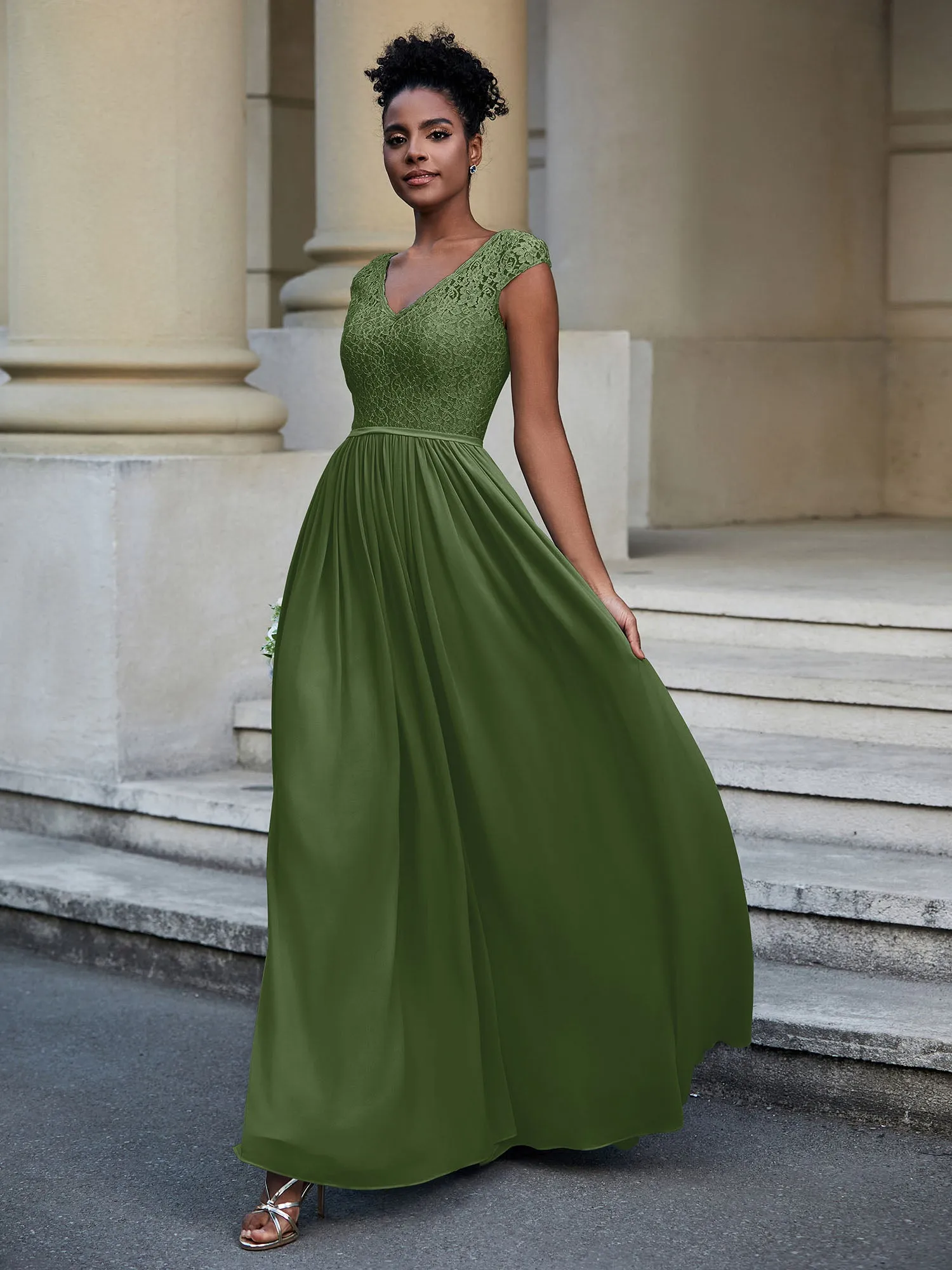 Lace and Chiffon Maxi Dress with Cap Sleeves-Moss Plus Size