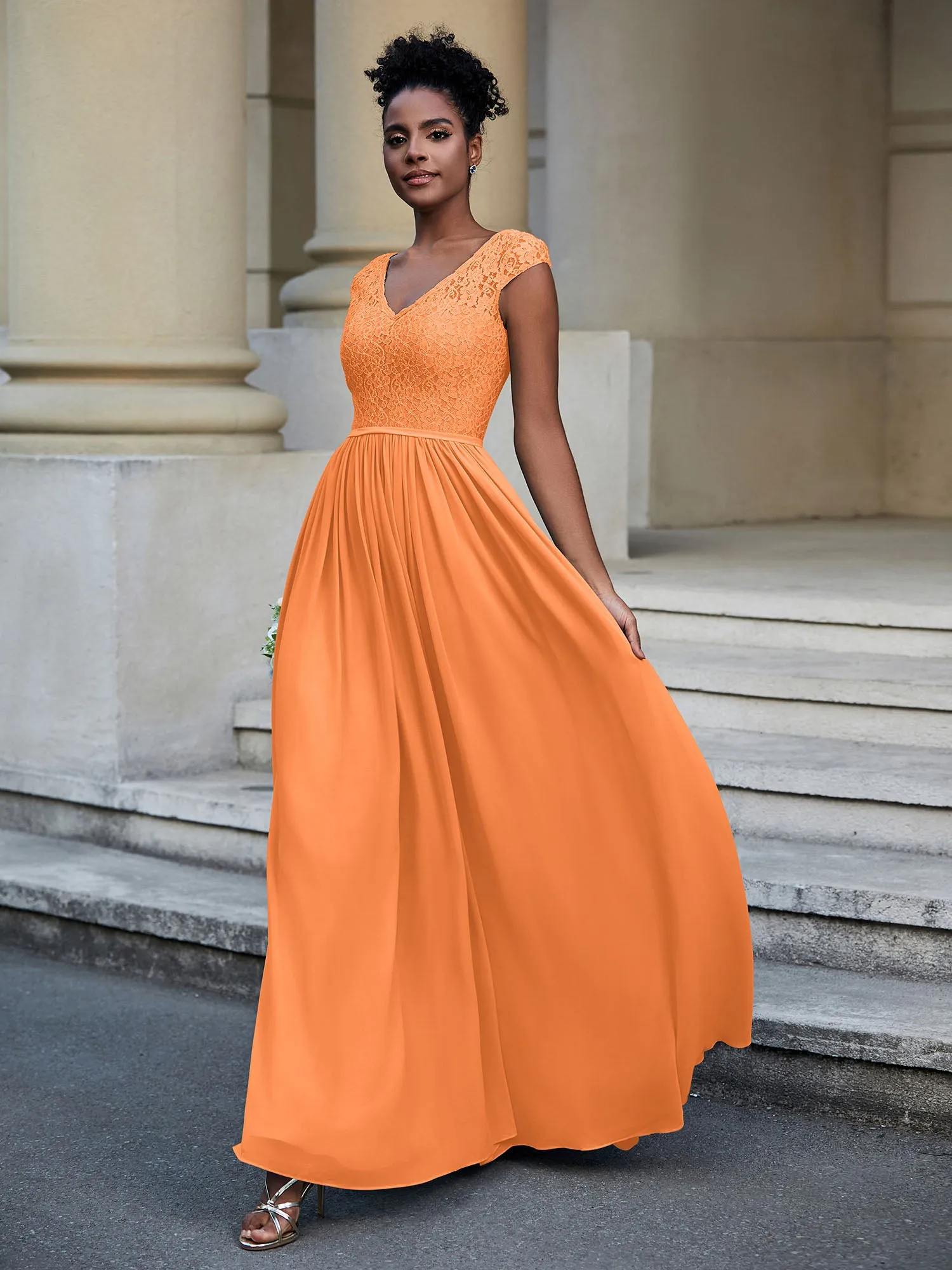 Lace and Chiffon Maxi Dress with Cap Sleeves-Orange Plus Size