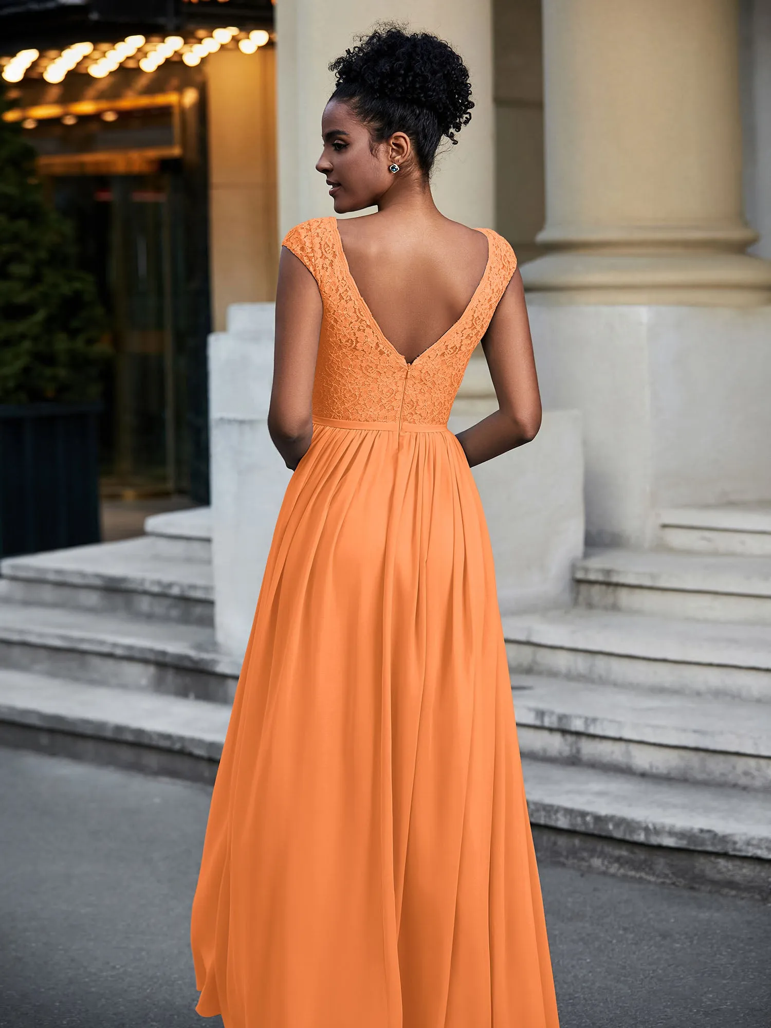 Lace and Chiffon Maxi Dress with Cap Sleeves-Orange Plus Size
