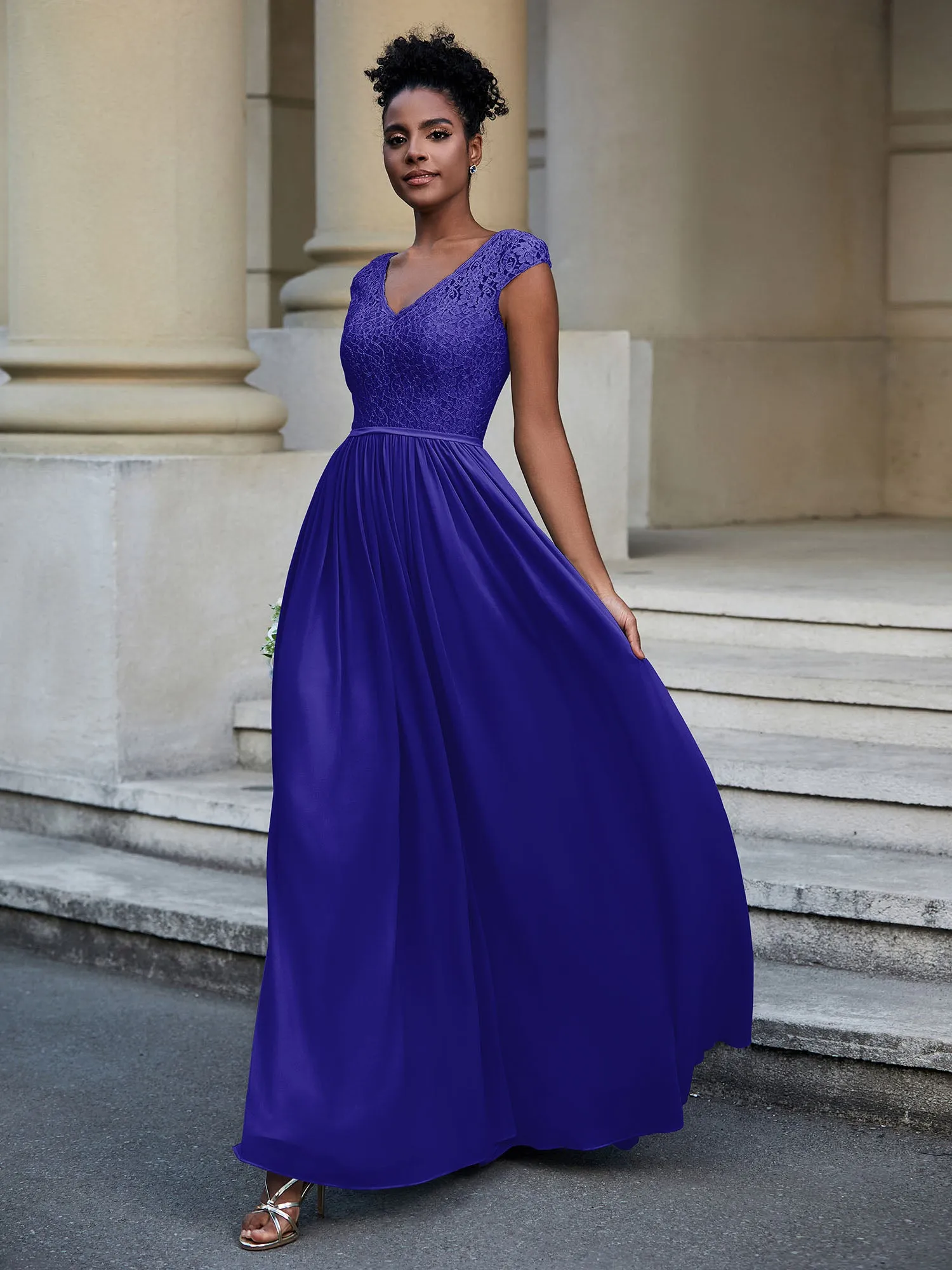 Lace and Chiffon Maxi Dress with Cap Sleeves-Royal Blue Plus Size