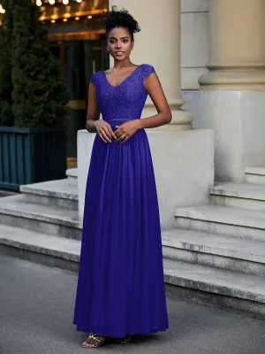 Lace and Chiffon Maxi Dress with Cap Sleeves-Royal Blue Plus Size