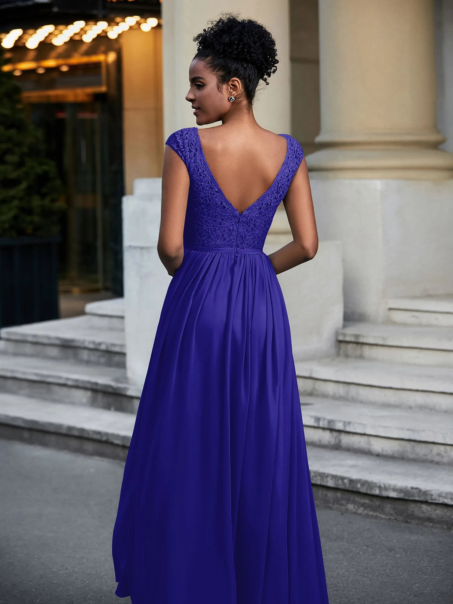 Lace and Chiffon Maxi Dress with Cap Sleeves-Royal Blue Plus Size