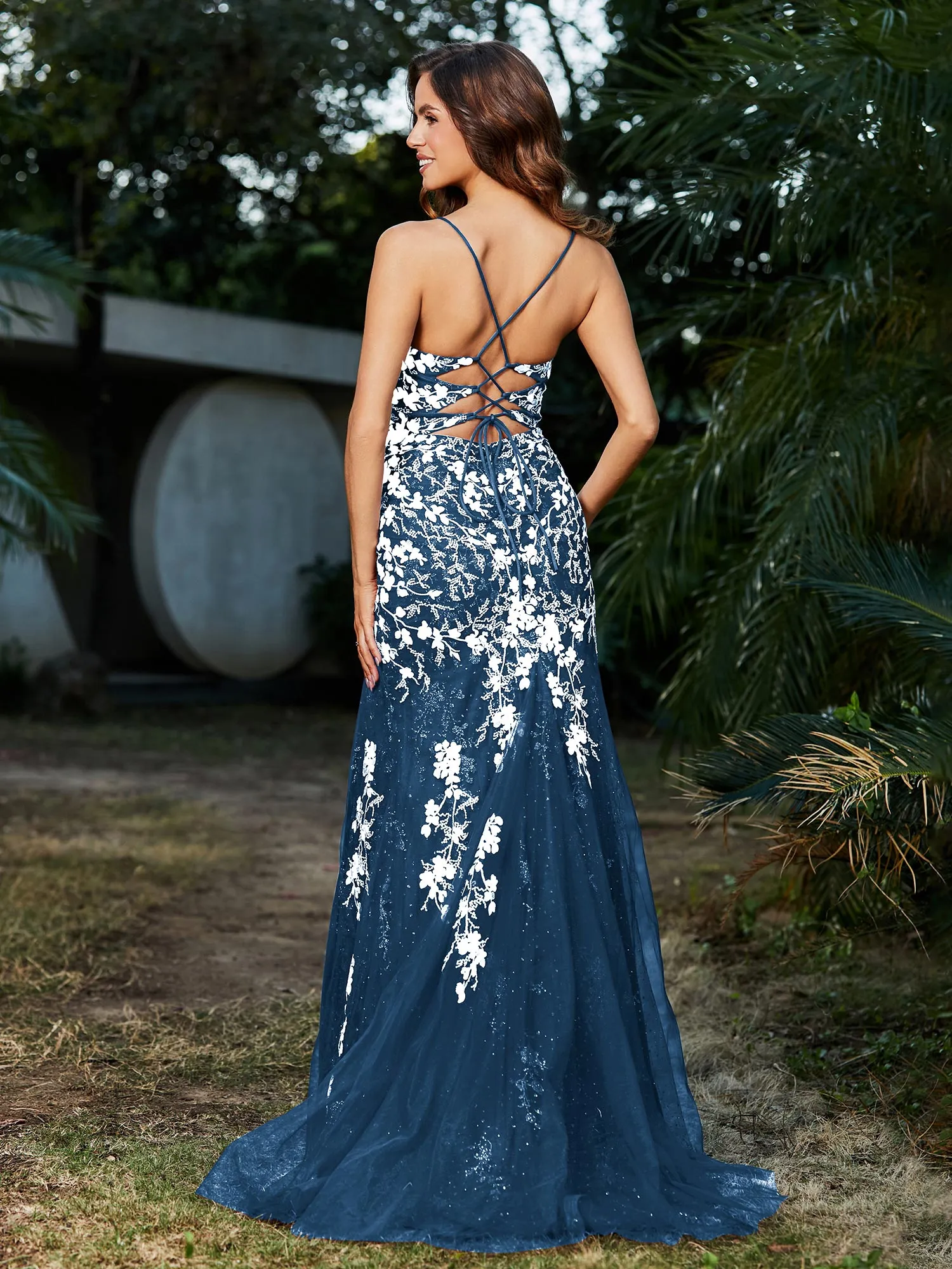Lace Applique High Slit Fitted Tulle Dress Ink Blue