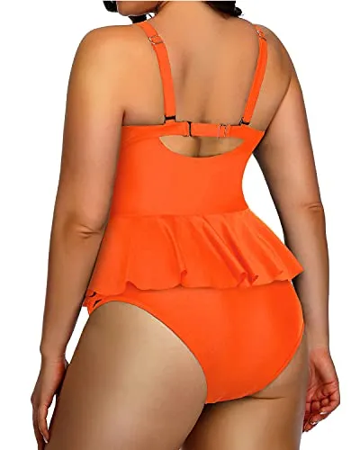 Lace Up Built In Padded Bra Plus Size Bathing Suits For Women-Neon Orange
