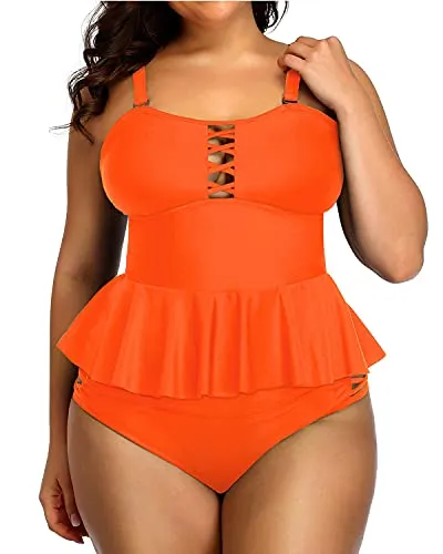 Lace Up Built In Padded Bra Plus Size Bathing Suits For Women-Neon Orange