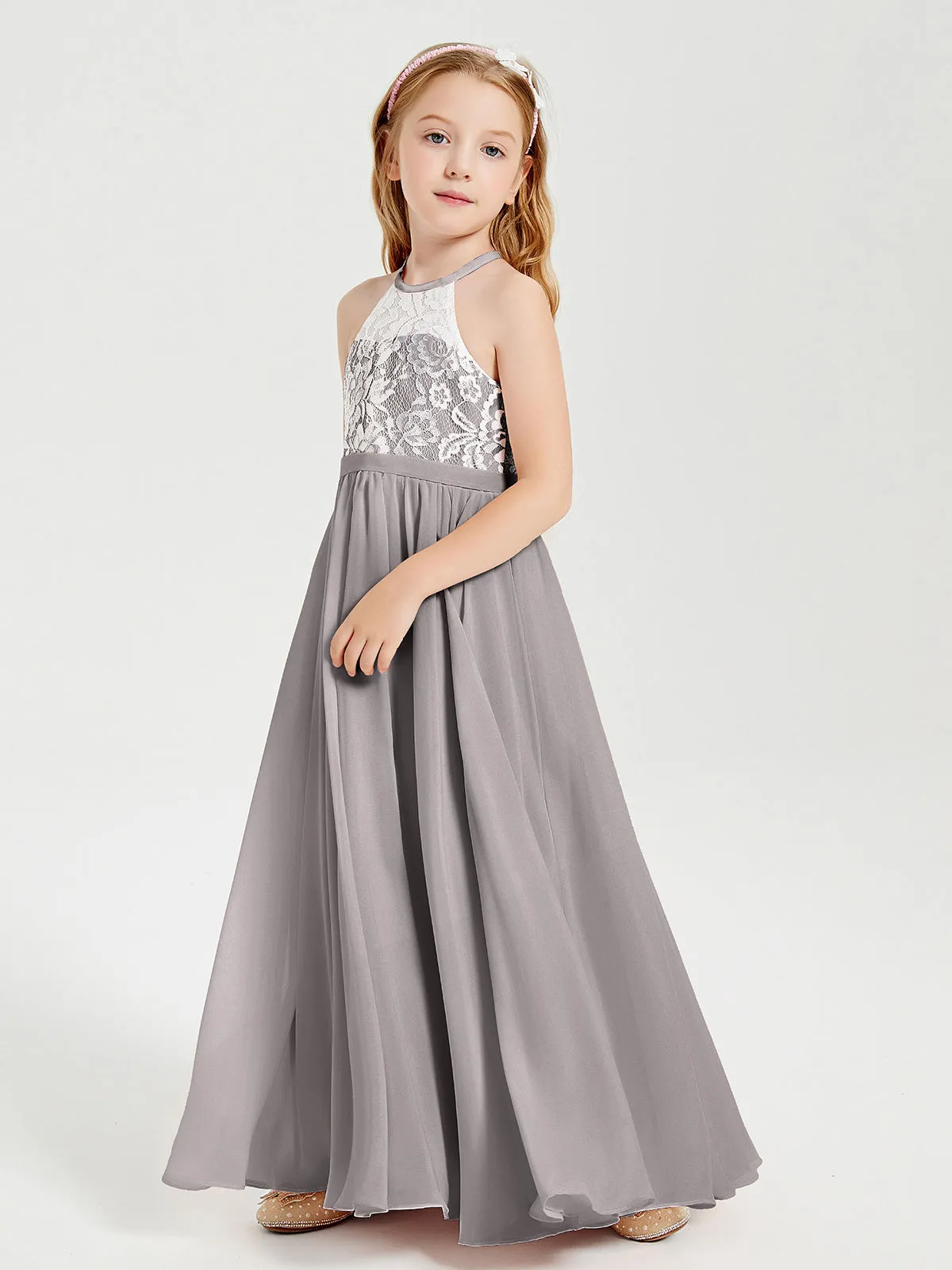 Long Chiffon Bridesmaid Dresses Lace Top Silver