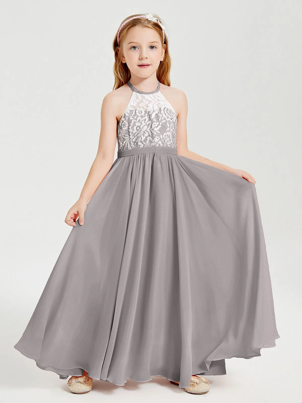 Long Chiffon Bridesmaid Dresses Lace Top Silver