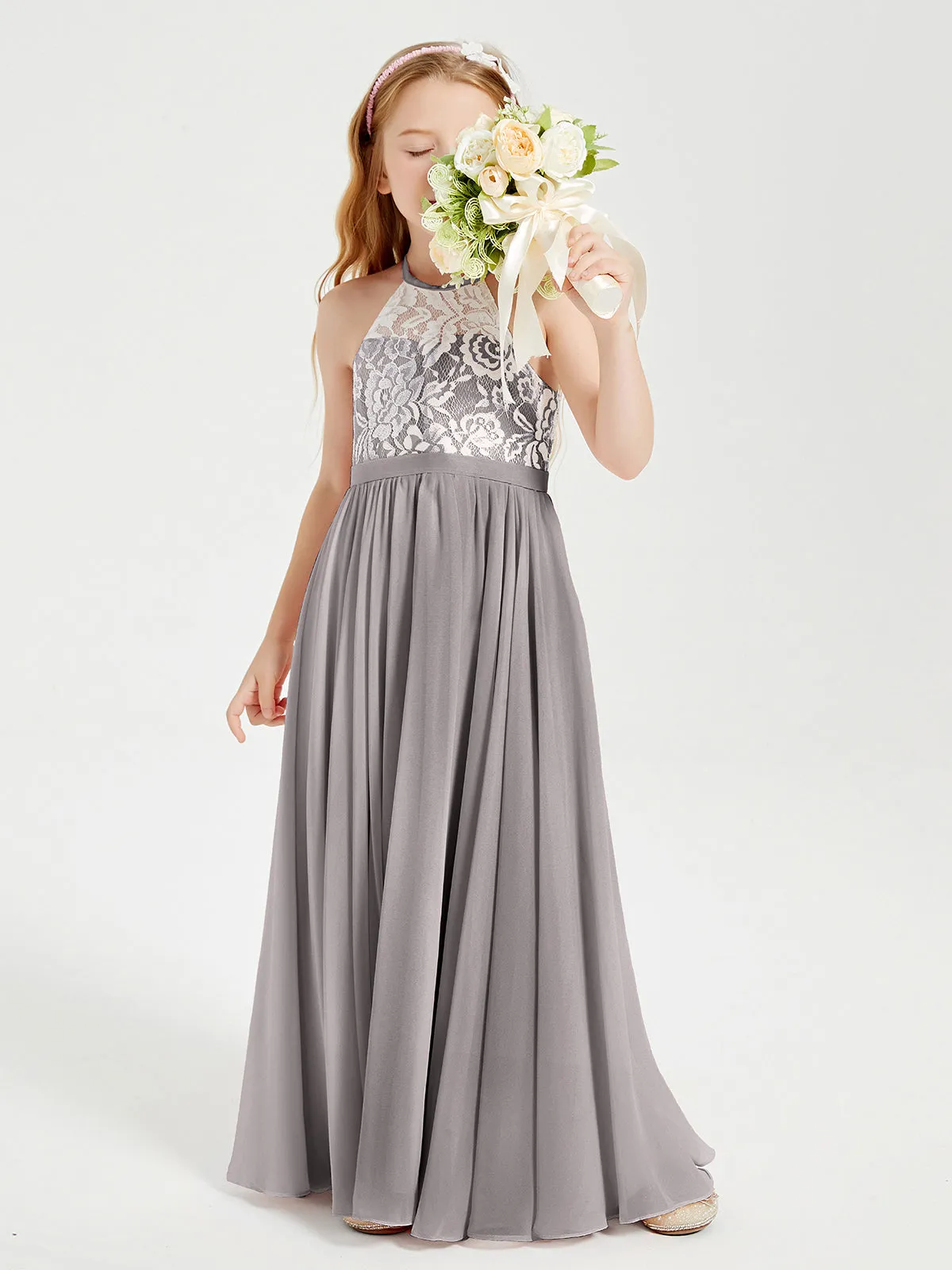 Long Chiffon Bridesmaid Dresses Lace Top Silver