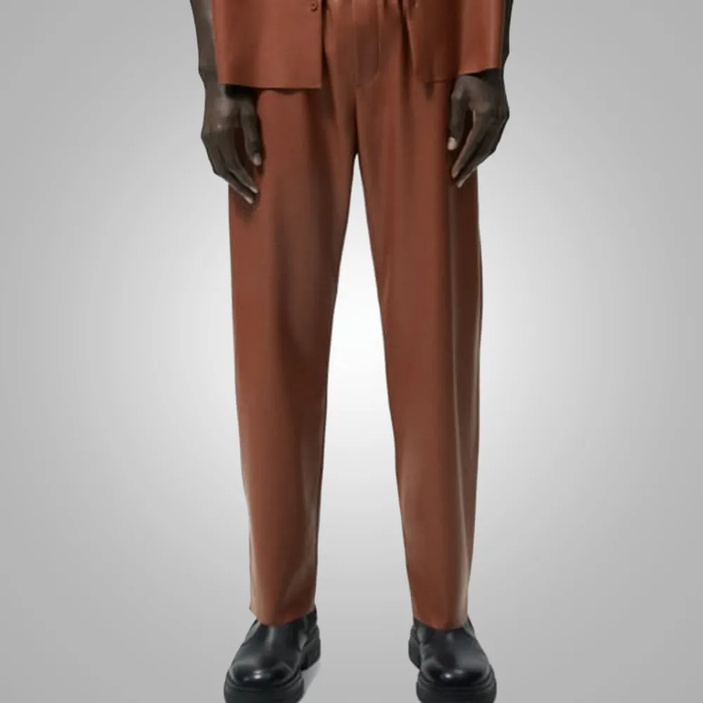 Mens Brown Leather Moto Real Sheep Skin Leather Biker pant