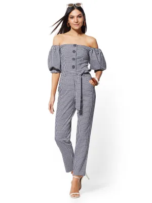 Navy Gingham Strapless Jumpsuit